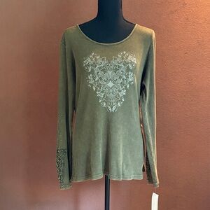 Olive Green Long Sleeve Top with Heart Design